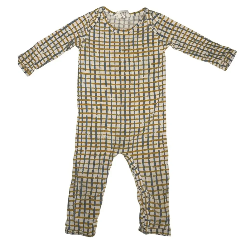 Spearmint Love Bamboo Gingham Romper Jumpsuit in blue yellow beige size 12-18m